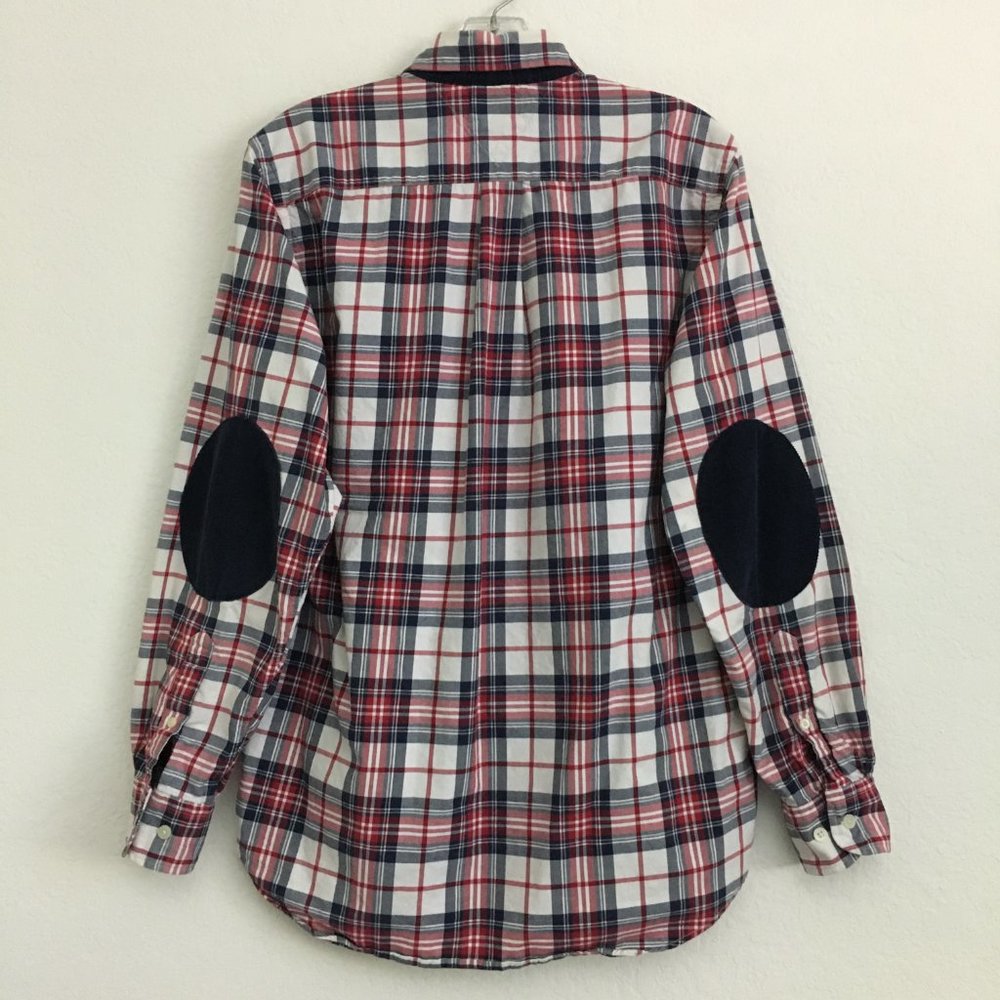 TOMMY HILFIGER Mens S/P Patched Elbow Plaid Button Down Shirt Thick Cotton